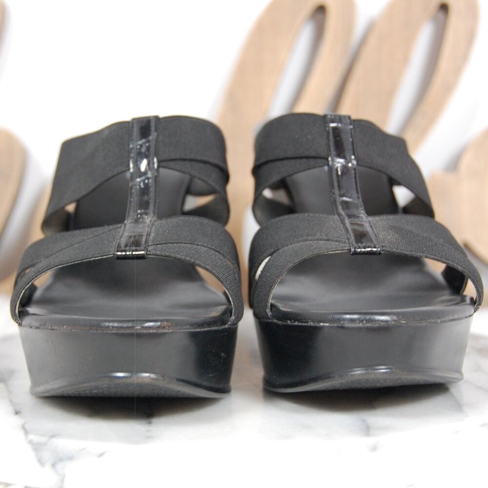 CALLISTO OF CALIFORNIA Black Stretch Elastic Straps Slide Wedge Sandals - Size 9